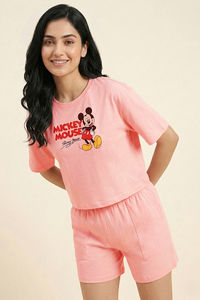 Zivame Mickey & Friends Knit Cotton Loungewear Short Set - Gossamer Pink — thumbnail 5